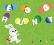 a cartoon of a rabbit running with a basket of eggs