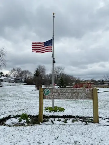 a flag on a pole with a sign in the snow