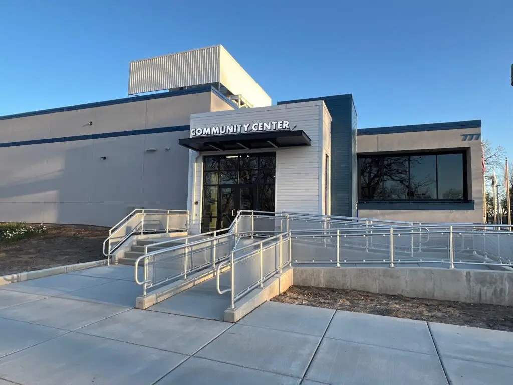 a building with a ramp leading to the entrance