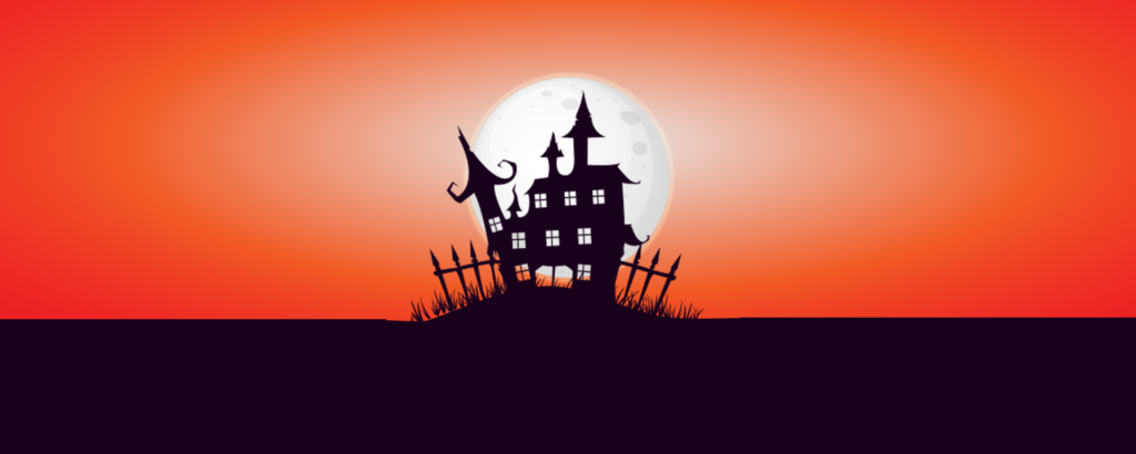 a silhouette of a house with a fence and a full moon