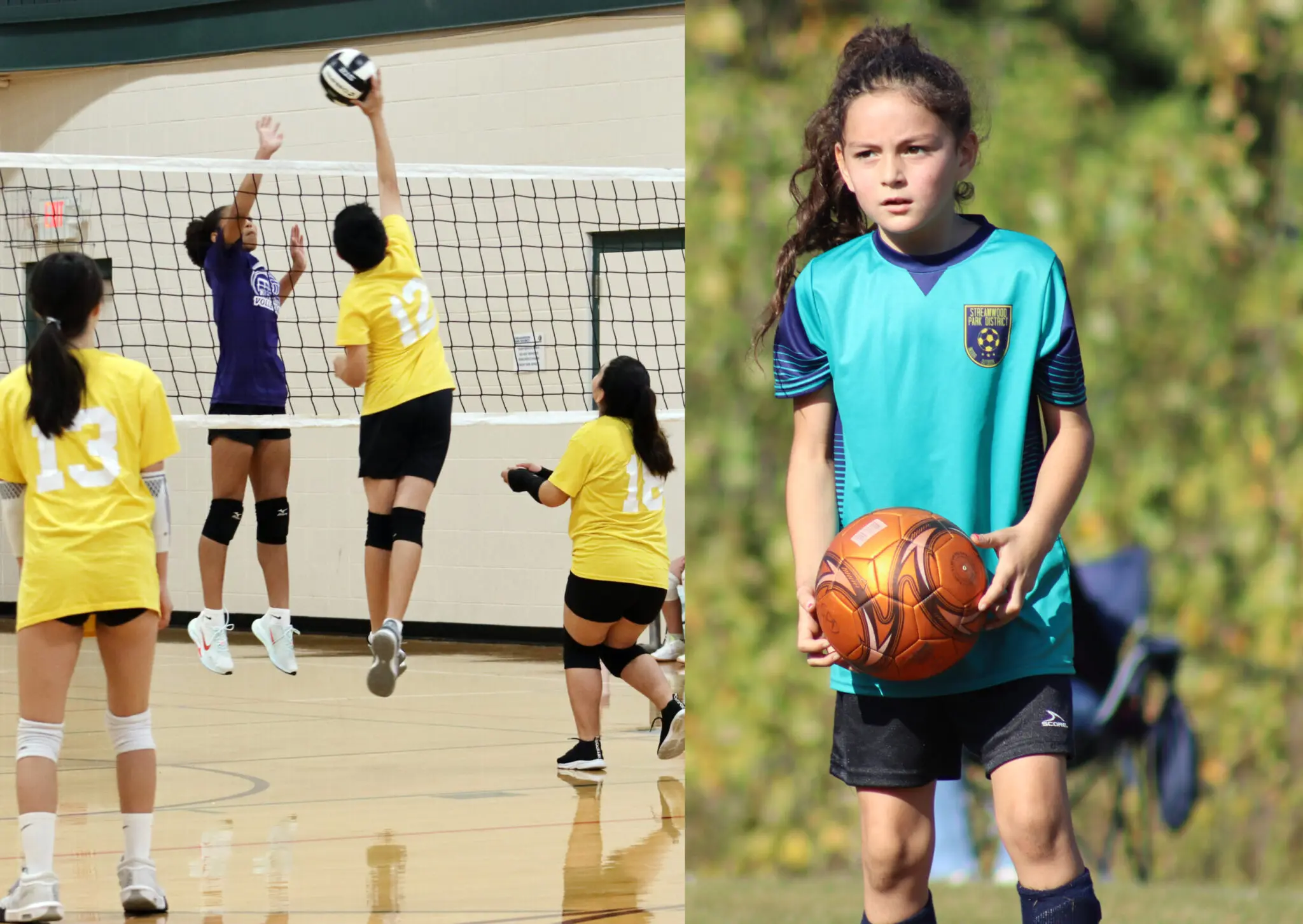 a child holding a ball and a person playing volleyball