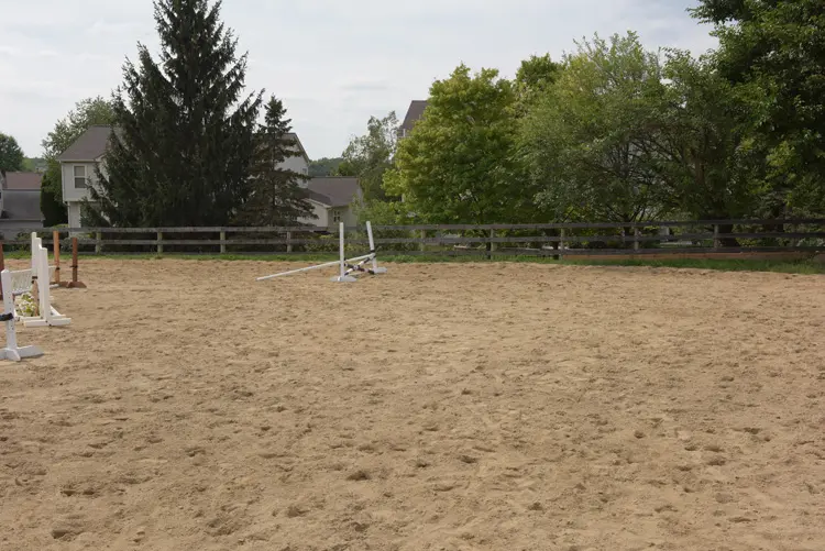 a dirt field with trees and a fence