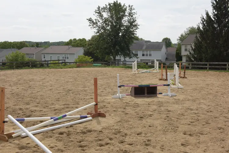 a horse jumping arena with poles