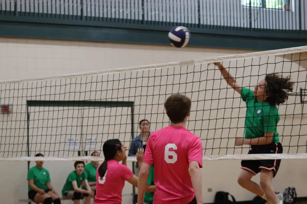 a group of people playing volleyball