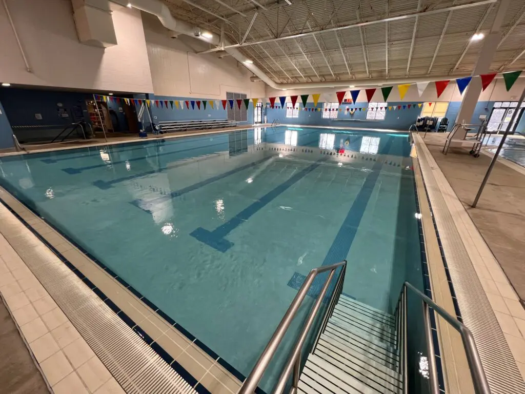 a swimming pool inside a building