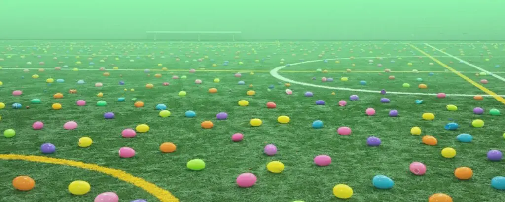 a field with colorful eggs