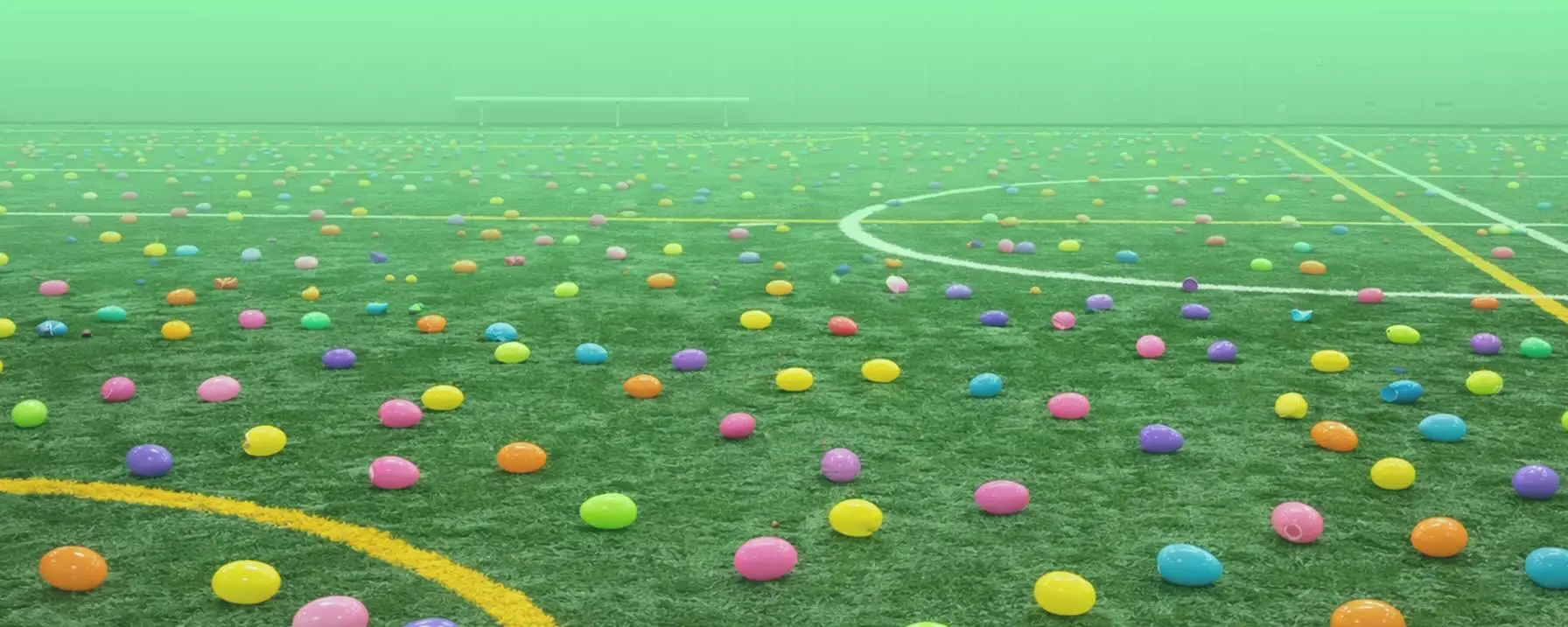 a field with colorful eggs