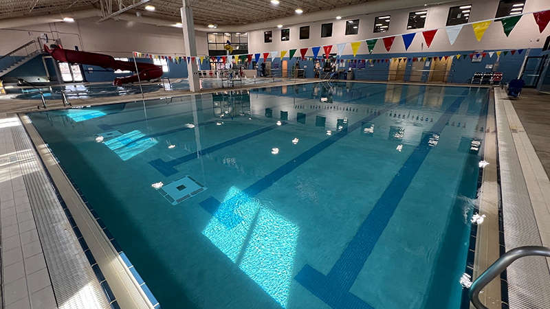 a swimming pool inside a building